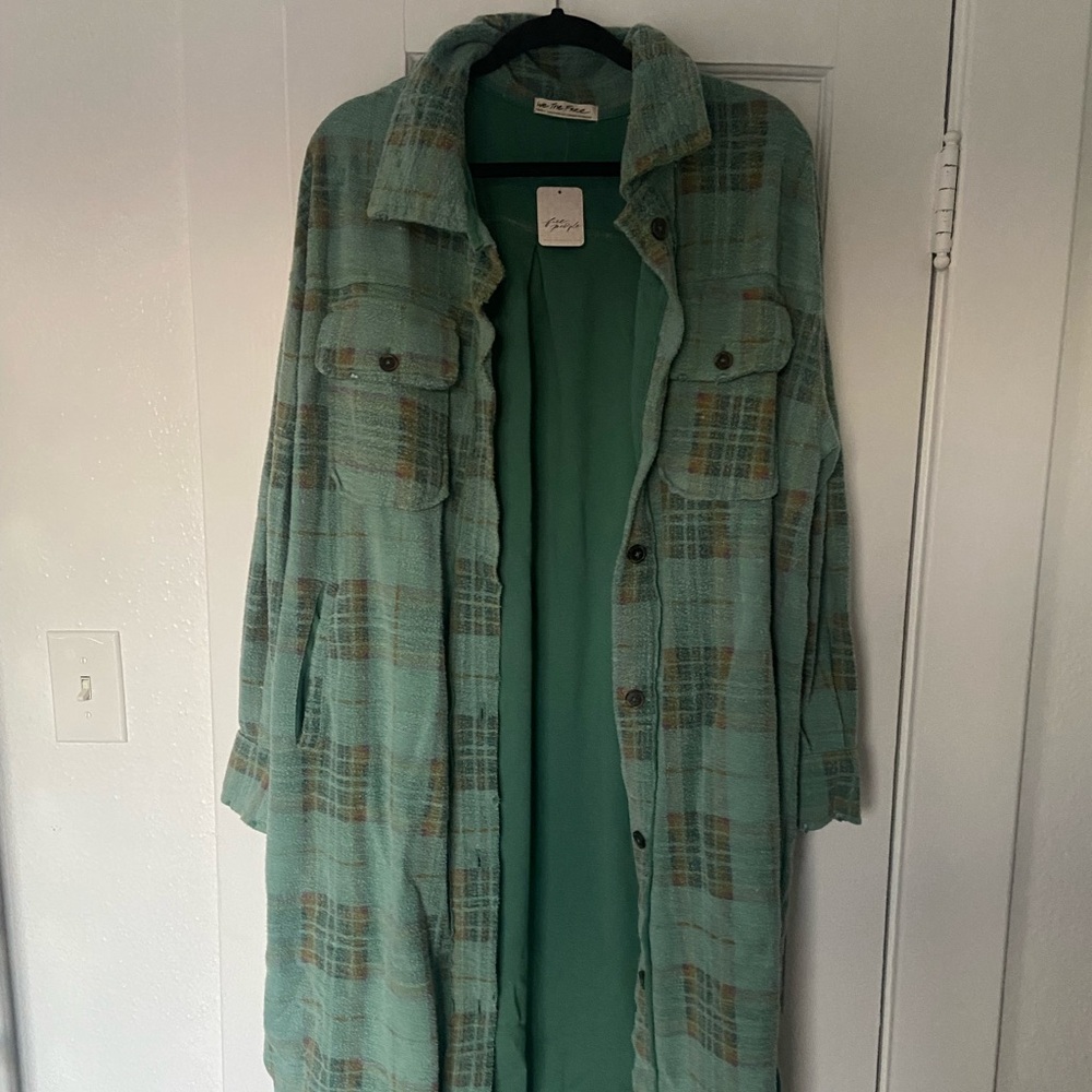 Free People Aqua Plaid Long Shacket with Gold & Green Accents - Picture 4 of 6